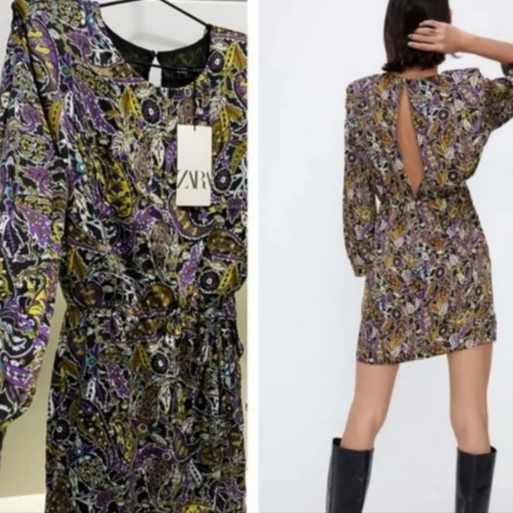 Zara Paisley Print Open Keyhole Back Long Sleeve Partially Lined Mini Dress, XS - Picture 2 of 15
